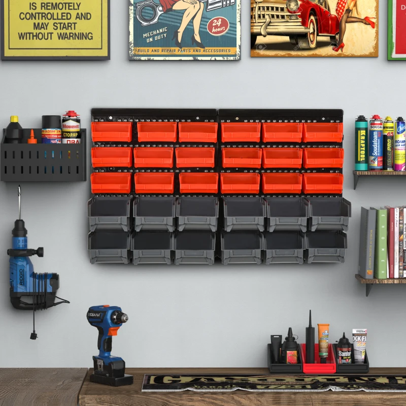 DURHAND Wall Mounted Storage Bin Rack Tool Organizer with 30 Bins, Pegboard for Garage Workshops Red