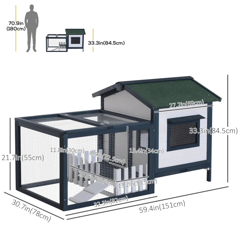 PawHut 59" x 31" x 33" Wooden Rabbit Hutch Bunny Cage Pet House Chicken Coop Poultry w/ Fence Run
