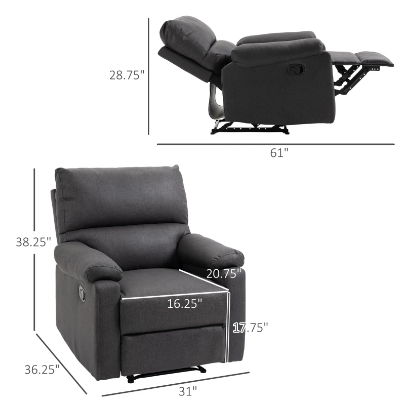 HOMCOM Recliner Chair, Manual Reclining Chair with Footrest, Padded Seat for Living Room, Bedroom, Study, Dark Grey