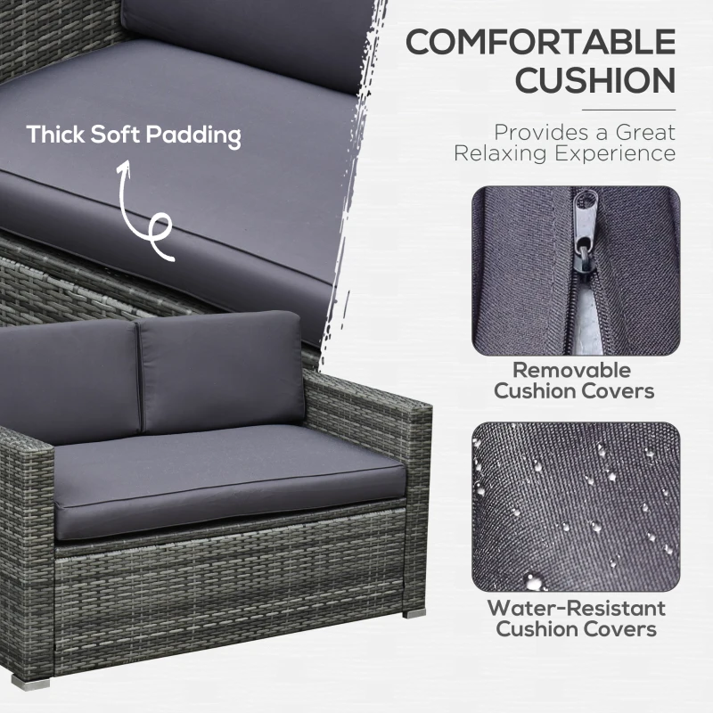 Outsunny 4 Pieces Patio Furniture Set w/ 4" Thick Cushions, PE Rattan Wicker Outdoor Sectional Sofa Set w/ Glass Top Coffee Table for Porch, Garden, Poolside, Balcony, Grey