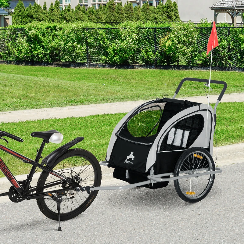Aosom Child Bike Trailer Kid Bicycle Trailer with Adjustable Handlebar 2-Seater Grey and Black