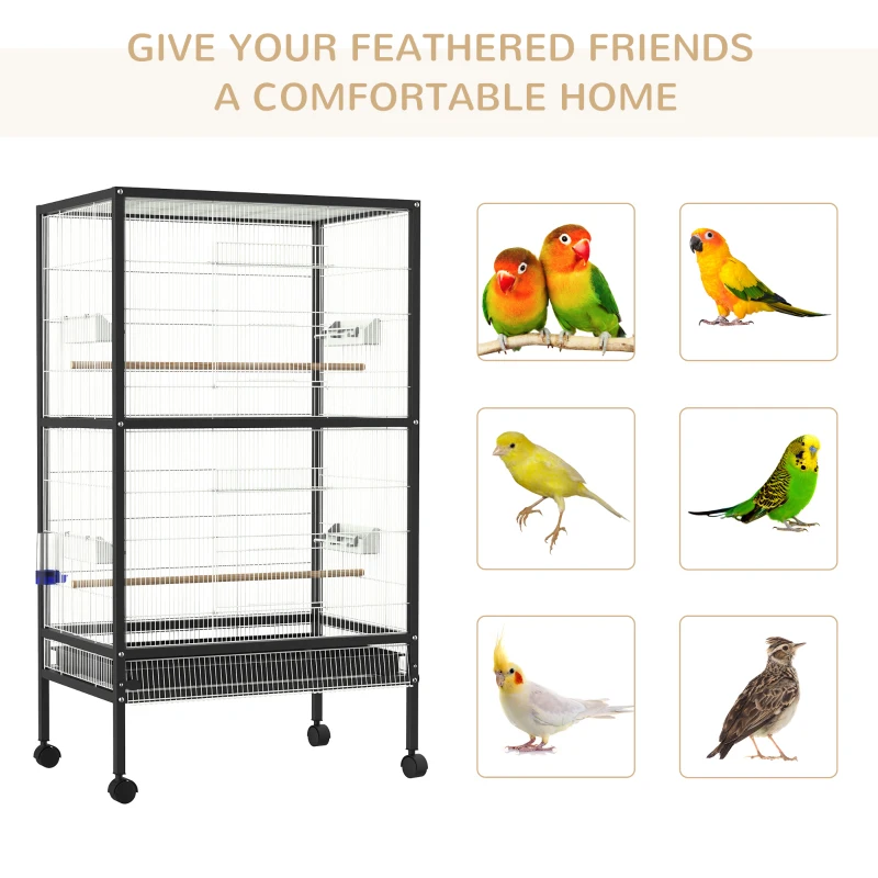 PawHut Bird Cage Conure Parrot Budgie Cage with Bird Perch & Wheels, Black and White