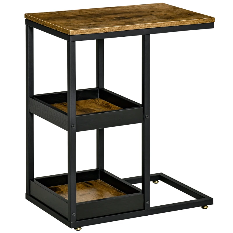 HOMCOM Side Table, C Shaped End Coffee Table, Industrial Nightstand with Storage Shelves, Metal Frame for Living Room, Bedroom, Rustic Brown