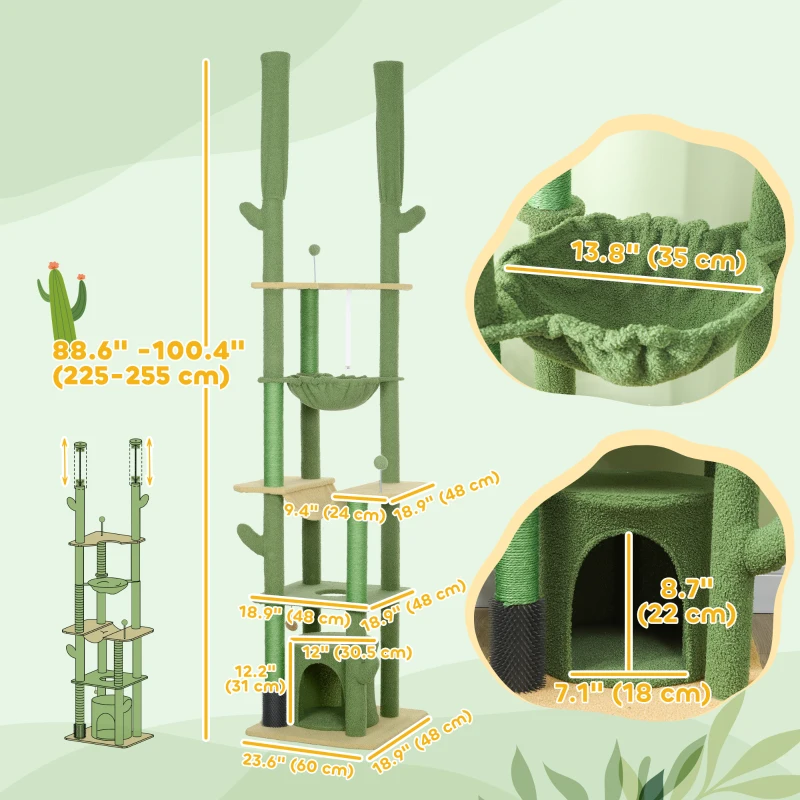 PawHut 89"-100" Floor to Ceiling Cat Tree Cat Tower for Large Cats w/ Scratching Posts, Grooming Brush Post, Cat Condo, Green