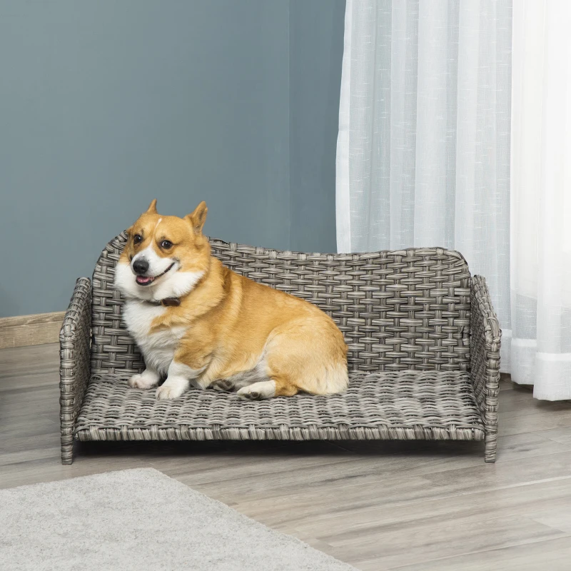 PawHut Rattan Pet Sofa for Large & Medium Dogs, Indoor & Outdoor Raised Wicker Dog Bed, Cat Couch, with Soft Washable Cushion, Light grey