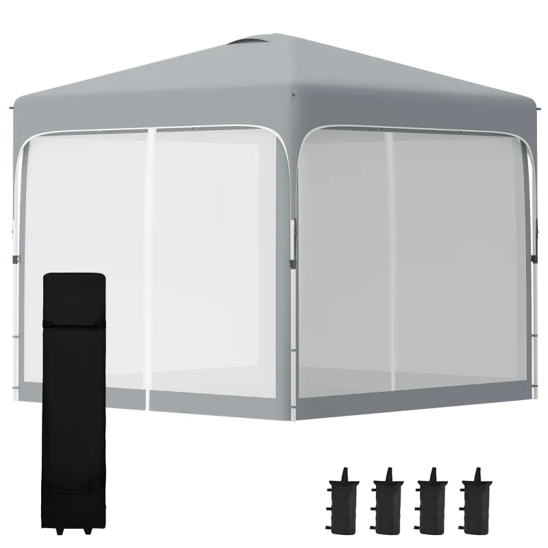 Outsunny 10' x 10' Pop Up Gazebo, Foldable Canopy Tent with Carrying Bag with Wheels, 4 Leg Weight Bags, Mesh Sidewalls and 3-Level Adjustable Height for Garden Patio Party, Grey