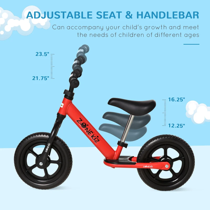 Qaba 12" Kids Balance Bike No Pedal Bicycle Adjustable Seat and Handlebar Training Toddler Bike 3 - 5 Years Red