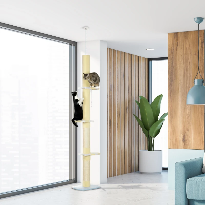 PawHut 87"-102" Floor to Ceiling Cat Tree w/ Sisal Scratching Posts, Anti-tip Kit, Perches, Toy Ball, Yellow