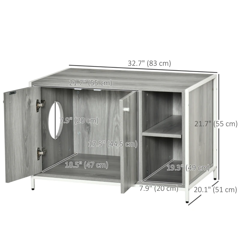 PawHut Cat Litter Box Enclosure Hidden Cat Furniture Cabinet Indoor Cat Washroom Double-door Nightstand End Table with Damping Hinge Multiple Storage Place Adjustable Partition Grey