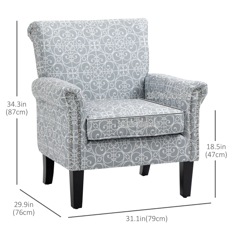 HOMCOM Upholstered Accent Chair, Single Armchair with Soft Linen Touch Fabric, Rolled Armrest with Nailhead Trim, Grey