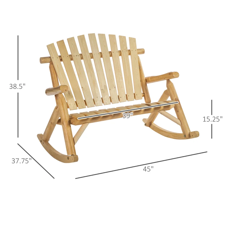 Outsunny Wooden Adirondack Rocking Chair, Outdoor Rustic Double Rocking Chair with Slatted Design for 2 Persons, Suit for Garden, Balcony, Porch, Natural Wood