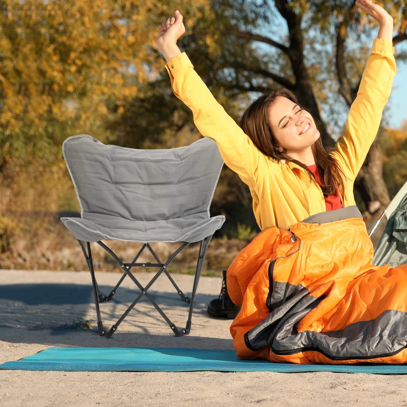 Outsunny Folding Camping Chair, Oversized Padded Lawn Chair w/ Steel Frame for Outdoor, Beach, Picnic, Hiking, Travel, Light Grey