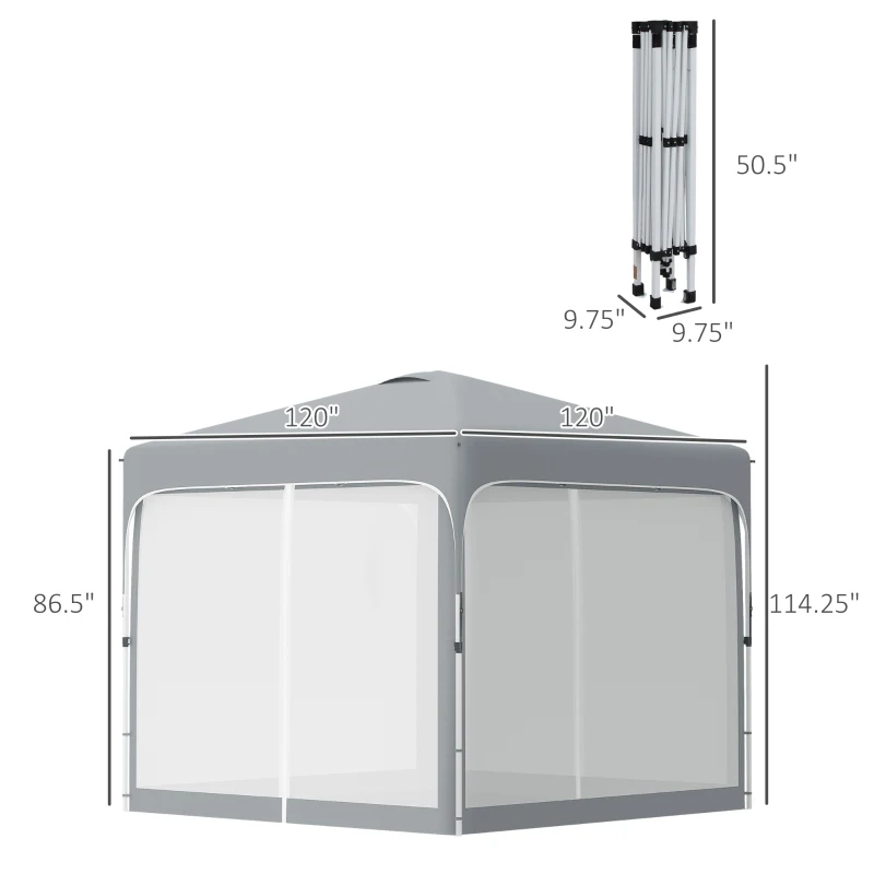 Outsunny 10' x 10' Pop Up Gazebo, Foldable Canopy Tent with Carrying Bag with Wheels, 4 Leg Weight Bags, Mesh Sidewalls and 3-Level Adjustable Height for Garden Patio Party, Grey