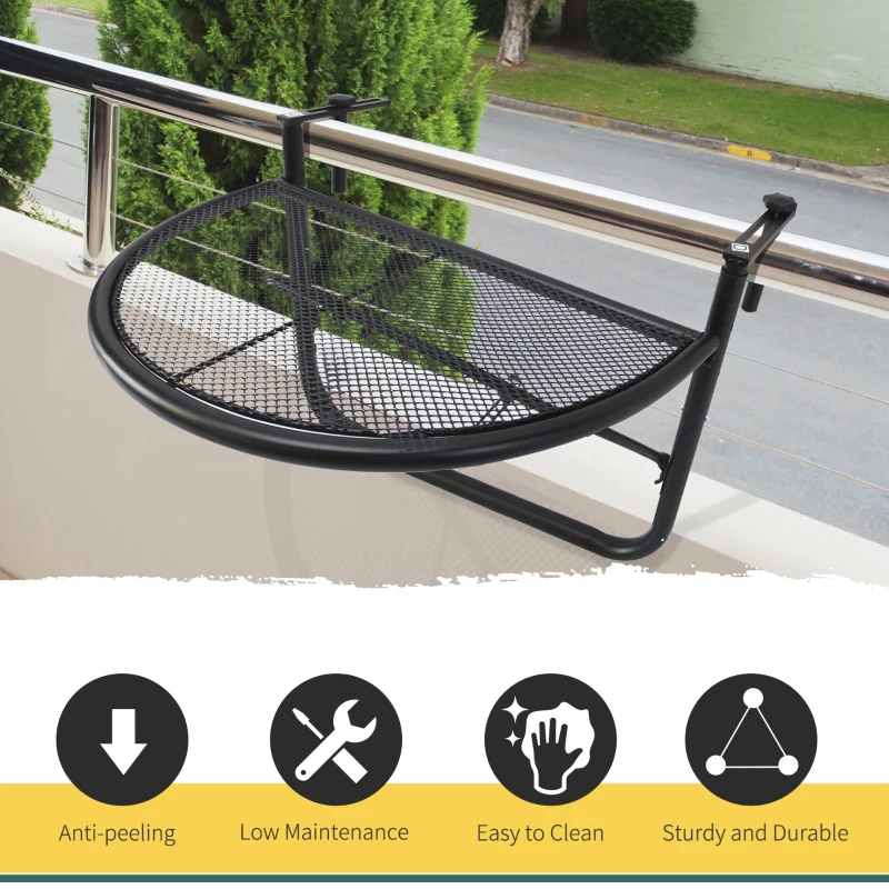 Outsunny Adjustable Balcony Hanging Rail Table Metal Mounting Mini Wall Desk Storage Rack Outdoor Flower Stand, Black