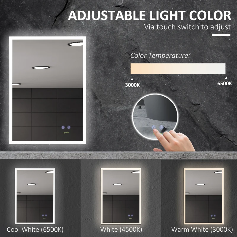 kleankin 28" x 20" LED Bathroom Mirror, Anti Fog Wall-Mounted Mirror with 3 Temperature Colors, Memory Function, Plug-in