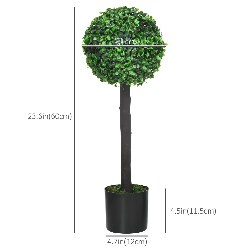 HOMCOM 2ft Artificial Plants Boxwood Ball Trees Set of 2 Fake Trees in Pot for Indoor Outdoor Green