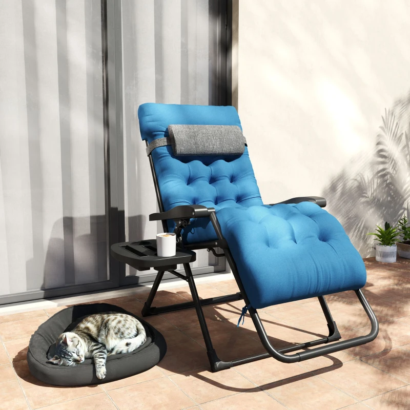 Outsunny Padded Folding Recliner Chair, Patio Lounger with Cupholder, Adjustable Backrest, Removable Cushion, Navy Blue