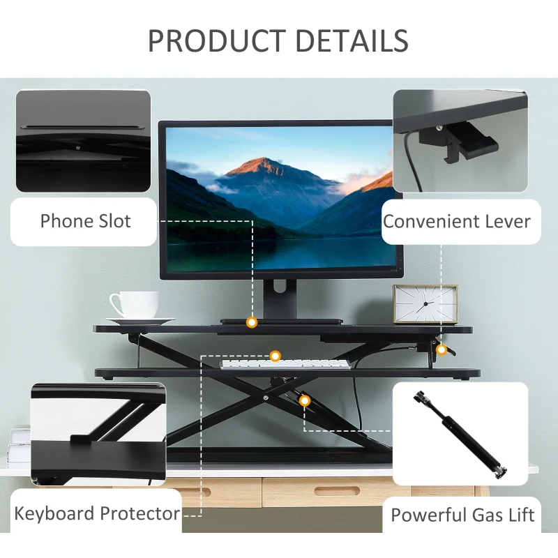 Vinsetto Standing Desk Converter 33 Inches Stand up Desk Riser, Height Adjustable Home Office Table with Keyboard Tray for PC Computer Laptop Black