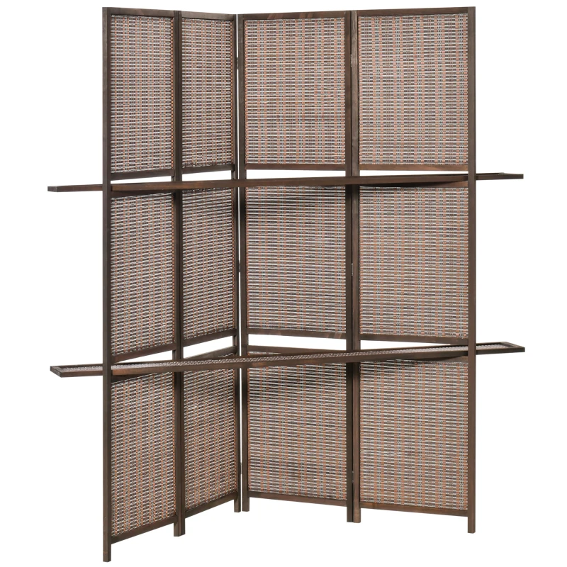 HOMCOM 4 Panel Room Divider, 6ft Tall Bamboo Folding Screen with 2 Storage Shelves for Bedroom, Office, Brown