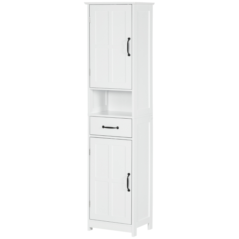kleankin Modern Bathroom Cabinet, Narrow Bathroom Vanities with Open Shelf Drawer Recessed Doors and Adjustable Shelves White