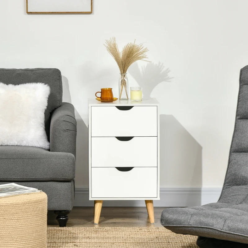 HOMCOM Bedside Table, Modern Nightstand with 3 Drawers, Side End Table with Wood Legs for Living Room, Bedroom, White