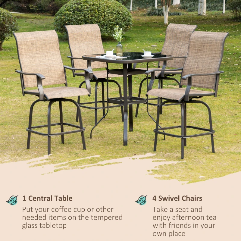 Outsunny 5 Pieces Patio Furniture Set, Outdoor Garden Conversation Set with Tempered Glass Table, 4 Swivel Chairs and Umbrella Hole, Brown