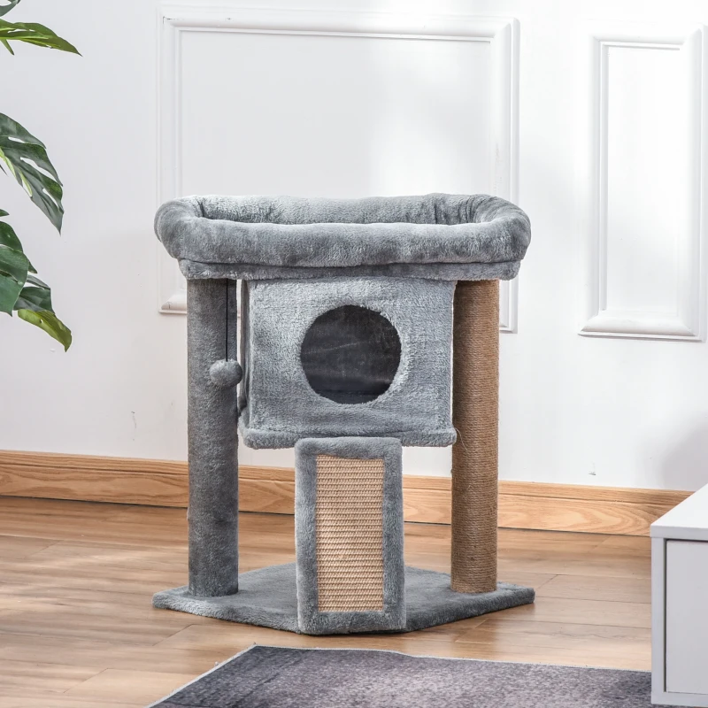 PawHut Cat Tree, Small Cat Tower with Perch, Scratching Post, Cat Condo, Toy Ball for Kitty, Indoor Use, Grey