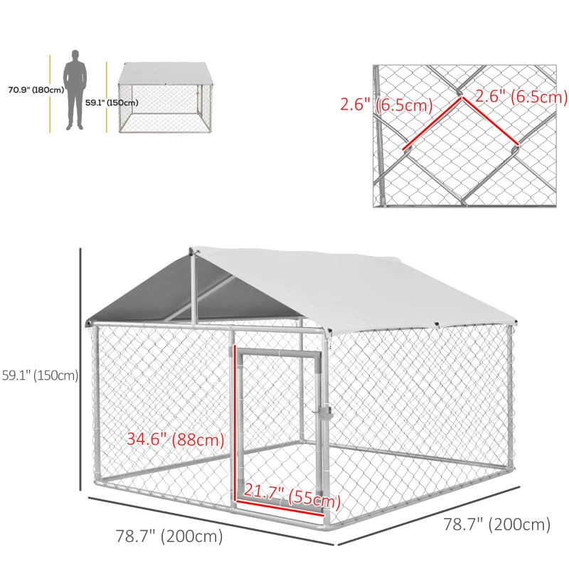PawHut 6.6' x 6.6' x 4.9' Outdoor Dog Kennel Heavy Duty Galvanized Steel Chain Link with UV-resistant Roof, Silver
