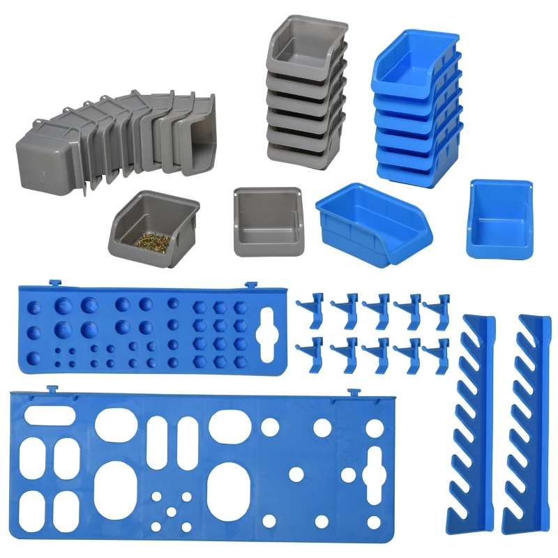 DURHAND 44PC Wall Mounted Storage Bins Parts Rack Kit with 2 Colour Parts, Hardware Screw Tool Organizer with Storage Bins, Pegboard and Hooks, Garage Plastic Organizer, Blue