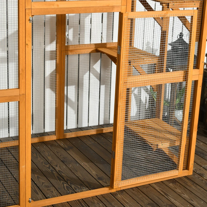 PawHut 71" x 39" x 71" Cat Cage, Large Outdoor Wooden Cat Patio with 6 Balanced Platforms and Asphalt Roof, Orange