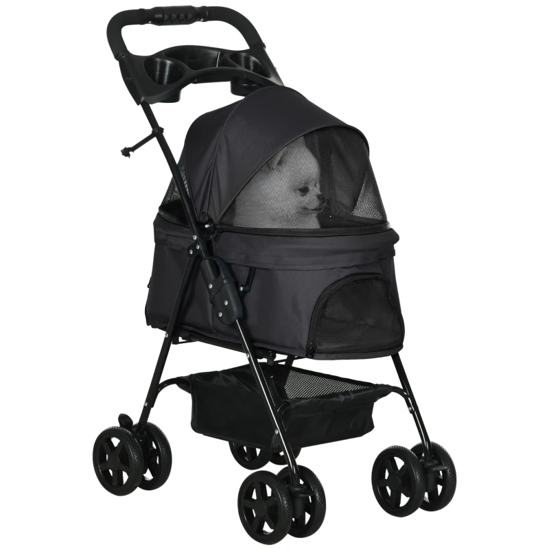 PawHut Dog Stroller Foldable Design with Storage Basket, Adjustable Canopy, Cup Holder, Safety Leashes, for Mini Dogs, Black