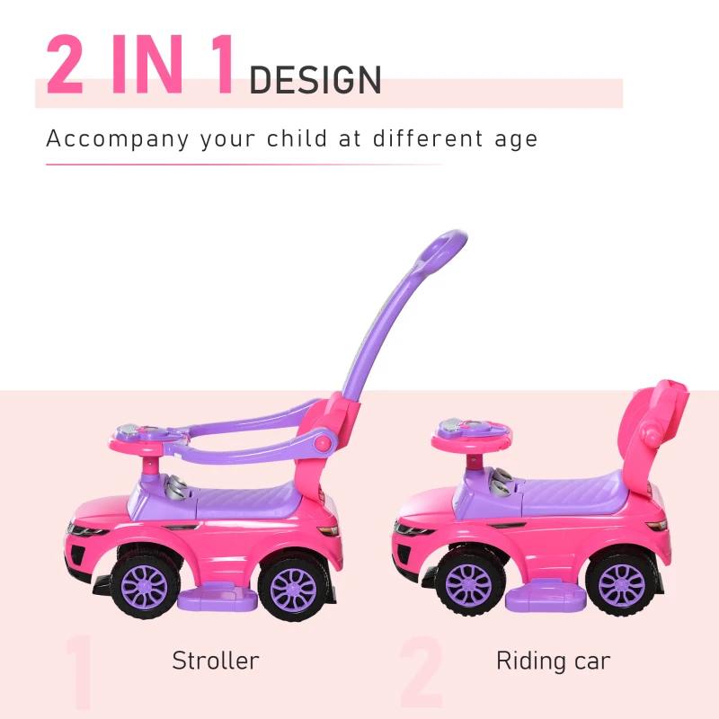 Aosom 2 in 1 Kid Ride on Push Car Sliding Car, Ride on Toy for Boy Girl Toddlers 1-3 Years Old, with Horn Music Light Function Secure Bar, Pink