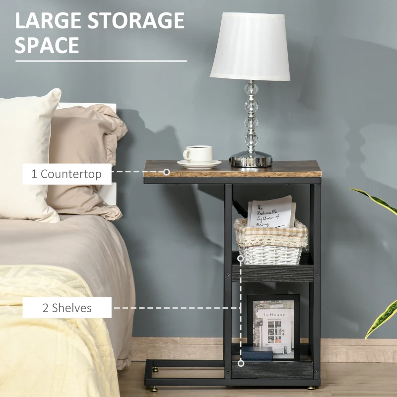 HOMCOM Side Table, C Shaped End Coffee Table, Industrial Nightstand with Storage Shelves, Metal Frame for Living Room, Bedroom, Rustic Brown