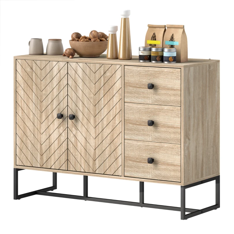 HOMCOM Modern Sideboard, 42.5" Buffet Cabinet with Adjustable Shelves and 3 Drawers, Coffee Bar Cabinet with 2 Doors, Oak