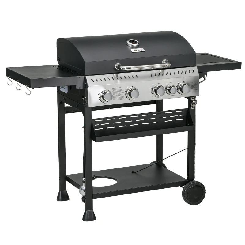 Outsunny 40,000 BTU Propane Gas Grill BBQ Cart with 4 Main Burners, 1 Side Burner, with Warming Rack, Side Prep Tables, Black