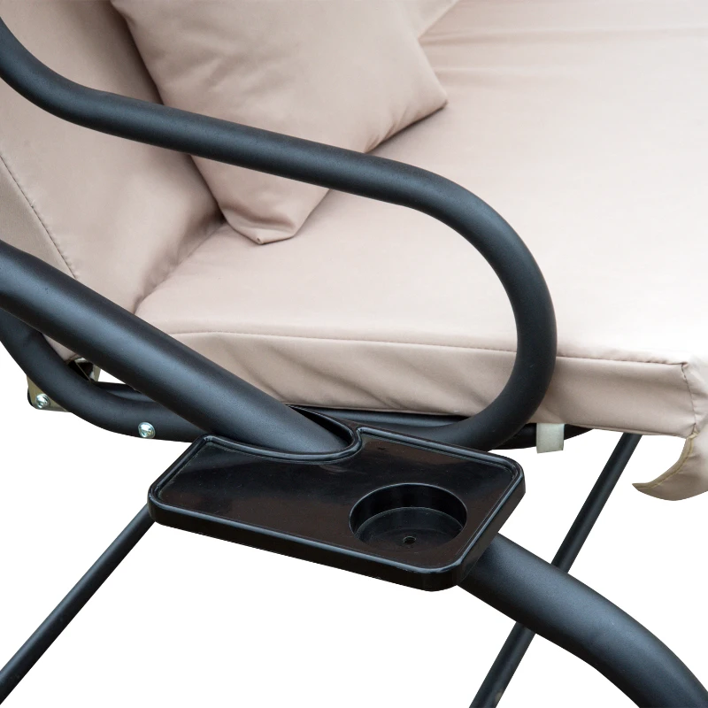 Outsunny 3-Seat Outdoor Patio Swing Chair, Converting Flat Bed, Canopy Swing with Adjustable Shade, Removable Cushions, Cup Holder, Light Brown