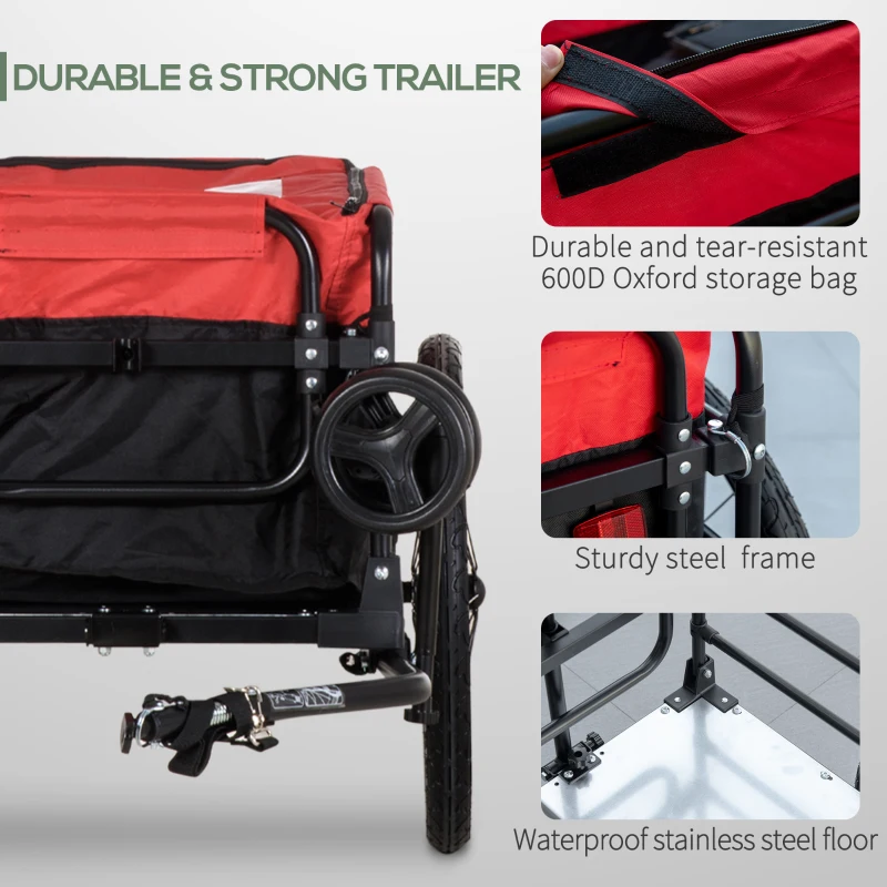 Aosom Bike Cargo Trailer & Wagon Cart, Multi-Use Garden Cart with Removable Box, 20'' Big Wheels, Reflectors, Hitch and Handle, Red
