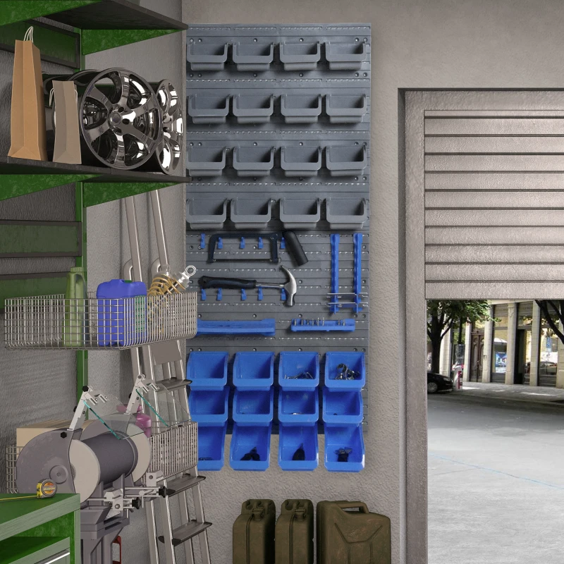 DURHAND 44PC Wall Mounted Storage Bins Parts Rack Kit with 2 Colour Parts, Hardware Screw Tool Organizer with Storage Bins, Pegboard and Hooks, Garage Plastic Organizer, Blue