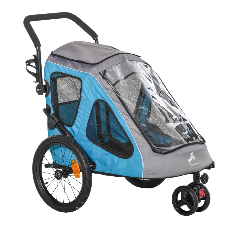 Aosom Dog Bike Trailer 2-In-1 Pet Stroller Cart Bicycle Wagon Cargo Carrier Attachment for Travel with 360 Swivel Wheel Reflectors Parking Brake Straps Cup Holder Blue