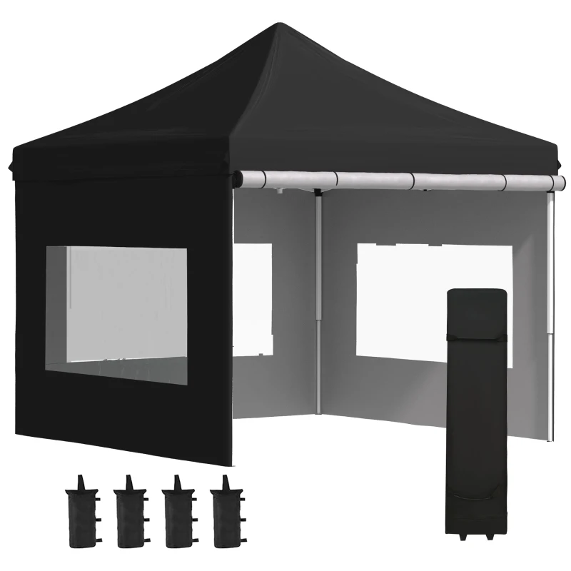Outsunny 10' x 10' Pop Up Gazebo, Instant Canopy Tent Sun Shelter with Roll-up Sidewall, Wheeled Carry Bag and 4 Sand Bags, for Outdoor, Garden, Patio