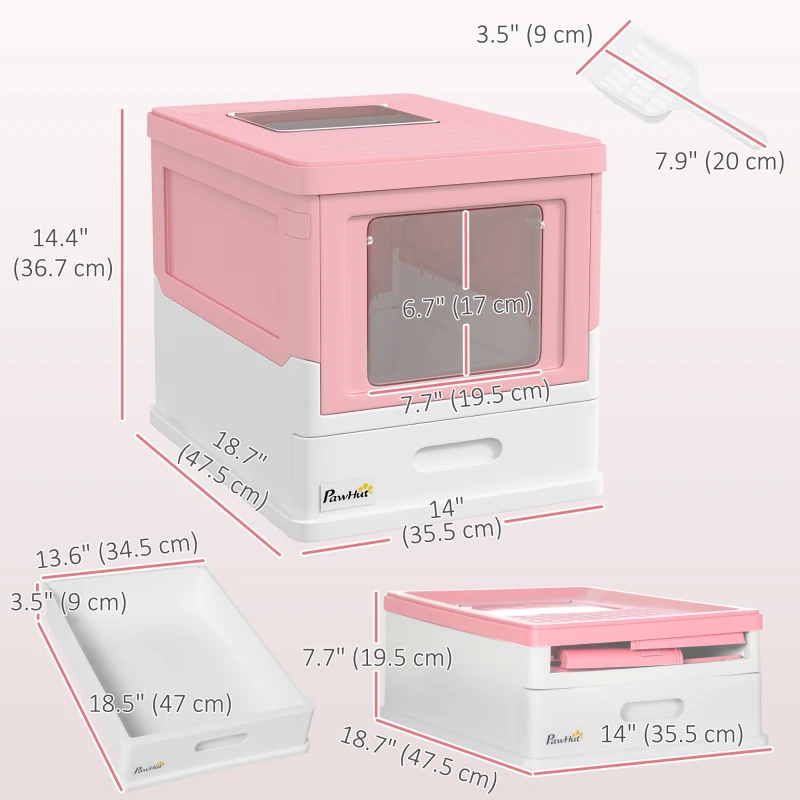 PawHut Top Entry Enclosed Kitty Litter Box with Scoop, Tray, Front Entry, Large Space, Foldable, Portable, Pink