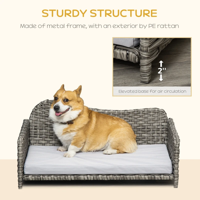 PawHut Rattan Pet Sofa for Large & Medium Dogs, Indoor & Outdoor Raised Wicker Dog Bed, Cat Couch, with Soft Washable Cushion, Light grey