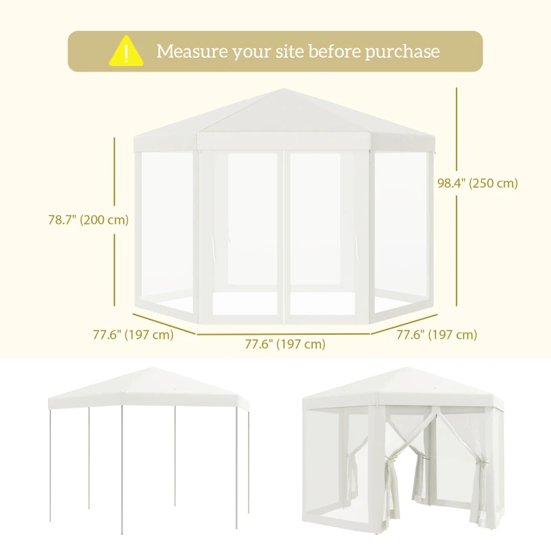 Outsunny Φ13' Hexagon Party Tent Patio Gazebo Outdoor Activity Event Canopy Quick Sun Shelter Pavilion with Netting Mesh Sidewall Cream White