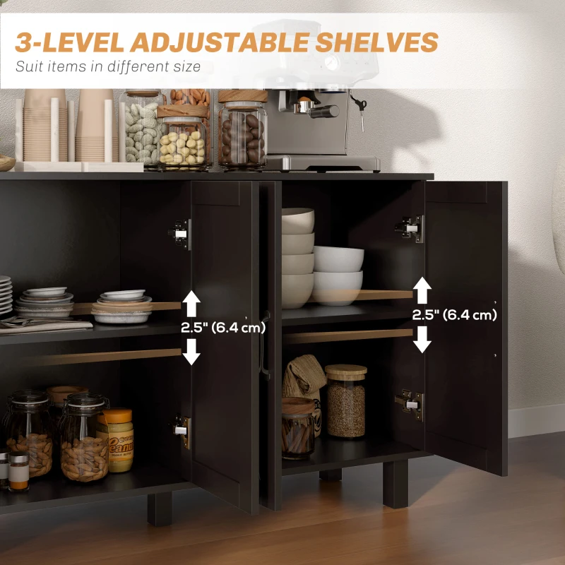 HOMCOM Kitchen Sideboard Cabinet with 4 Barn Doors and 2 Adjustable Shelves, Buffet Table for Living Room, Hallway, Black