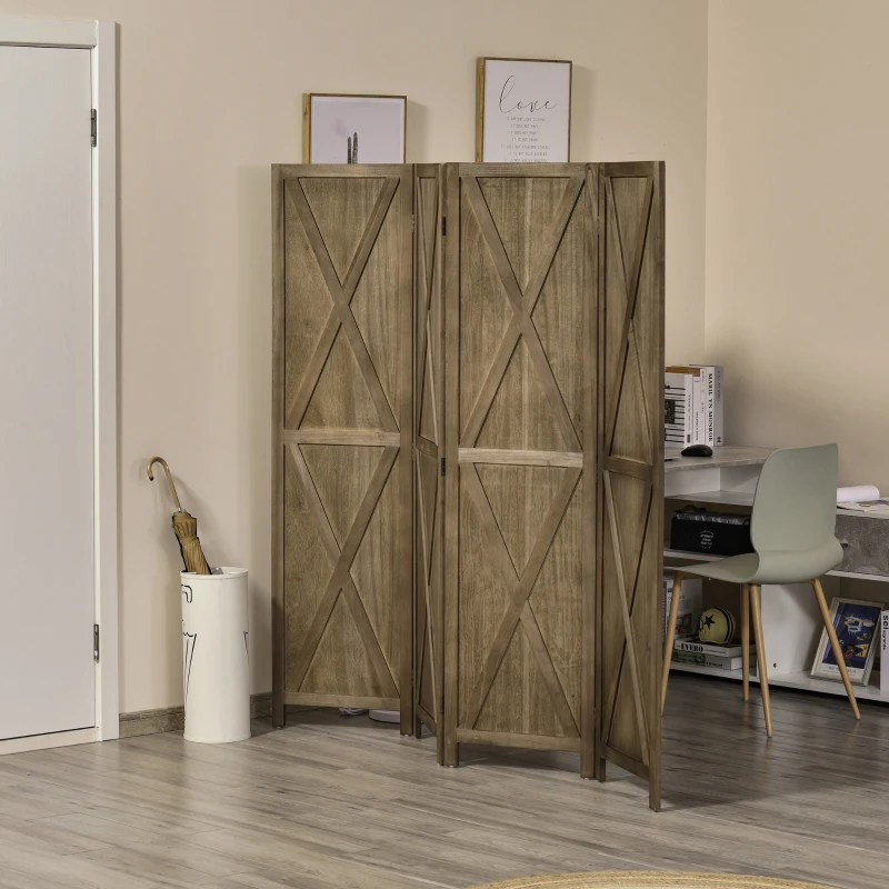 HOMCOM 4-panel Wall Partition Farmhouse Room Separator with Foldable Design Wooden Frame 5.6FT, Brown