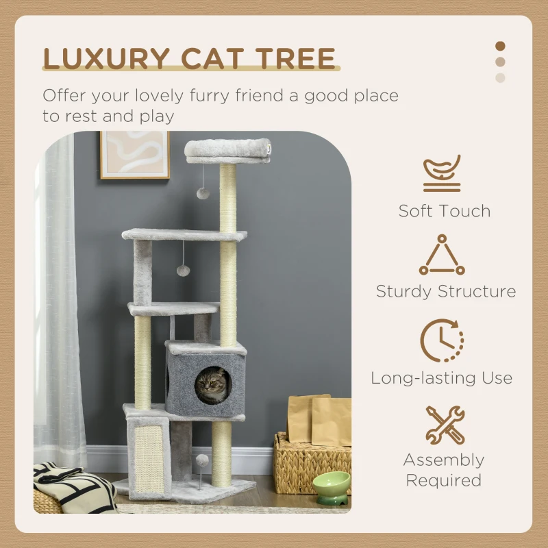 PawHut 57.5" Cat Tree with Scratching Posts, Large Cat Tower for Indoor Cats with Bed, House, Toys, Grey