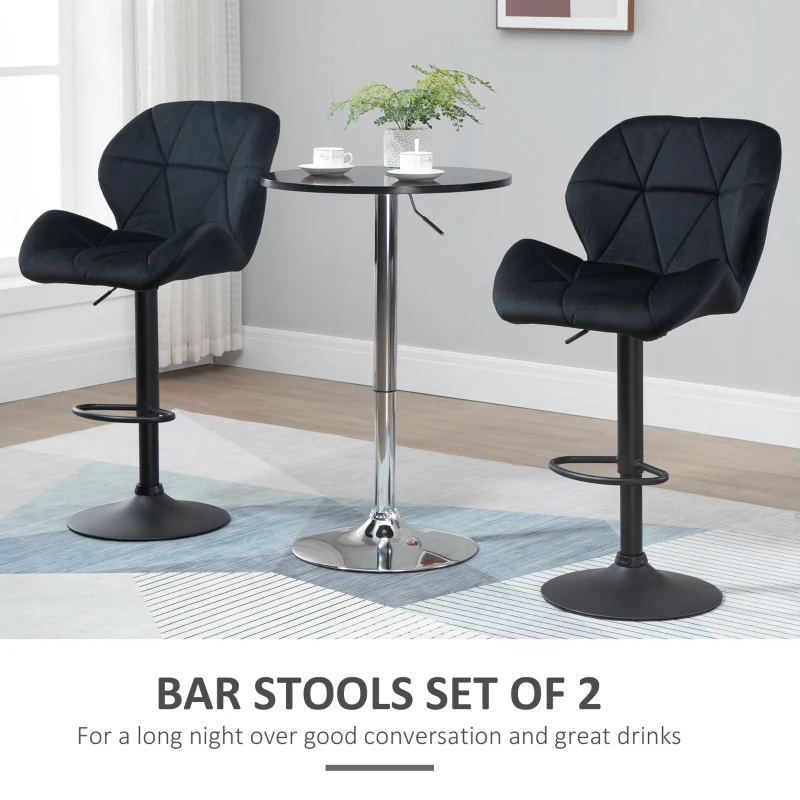 HOMCOM Bar Stool Set of 2 Fabric Adjustable Height Armless Upholstered Counter Chairs with Swivel Seat, Black