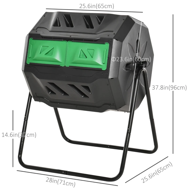 Outsunny Tumbling Compost Bin Outdoor Dual Chamber 360° Rotating Composter 43 Gallon w/ Sliding Doors & Solid Steel Frame, Green