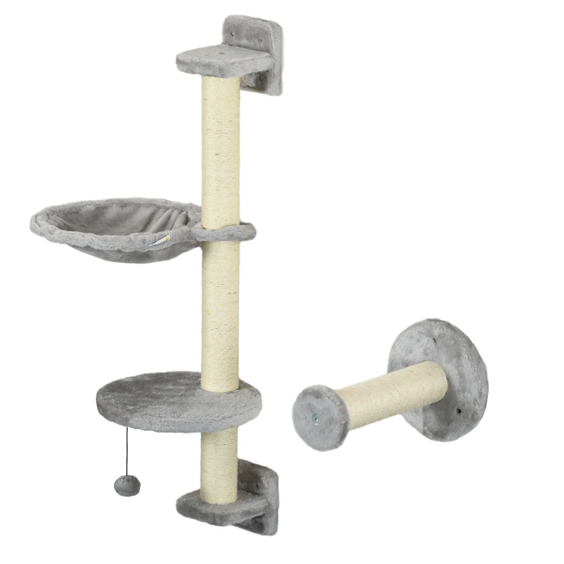 PawHut 4PCs Cat Wall Shelves with Hammock, Scratching Post, Ladder, Steps, Platforms, Toy Balls, Grey
