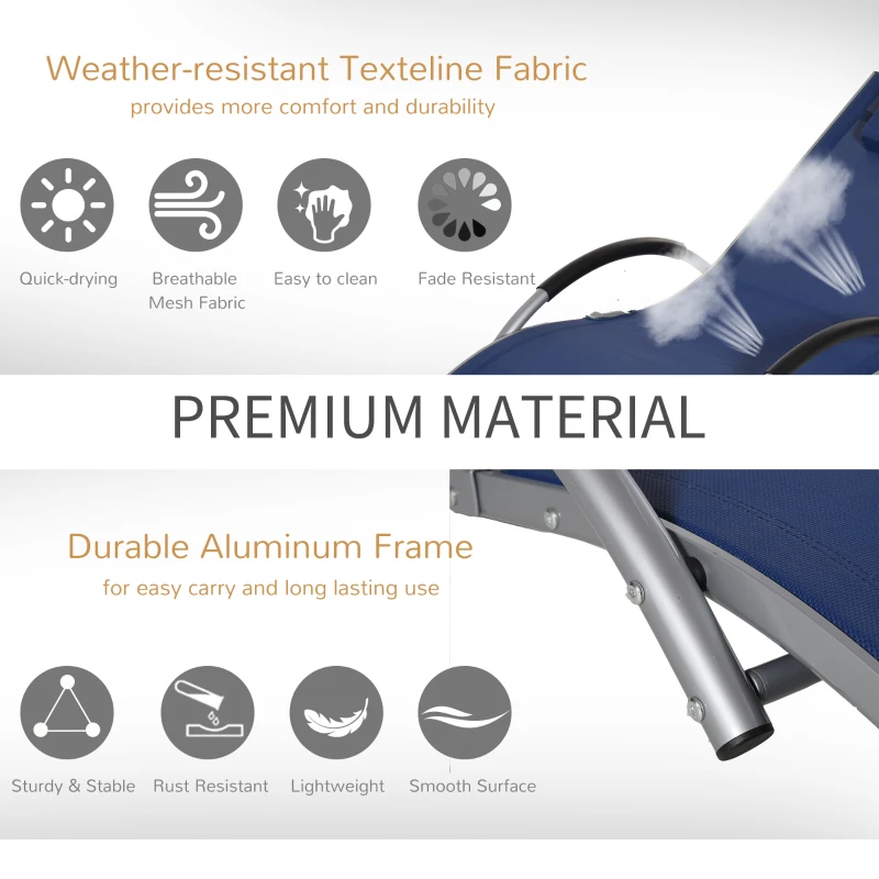 Outsunny Aluminum Frame Outdoor Lounge Chair, Portable Tanning Chair with Armchair & Removable Headrest Pillow for Garden Patio Outside, Blue